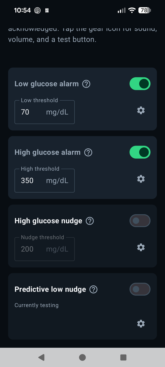 GlucoseReporter alarm settings showing configurable low and high glucose alarms and nudge notifications