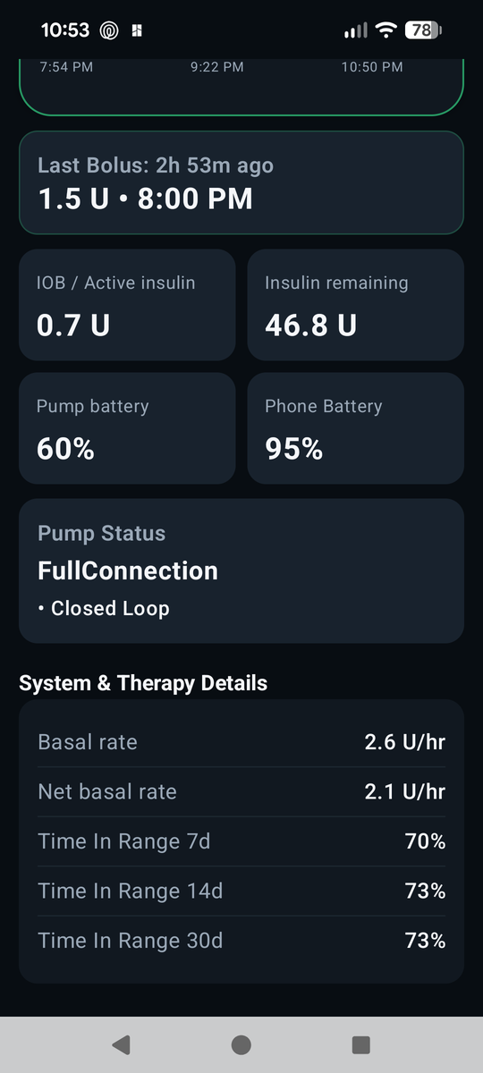 GlucoseReporter therapy details showing insulin on board, insulin remaining, pump battery, pump status, basal rate, and time in range over 7, 14, and 30 days